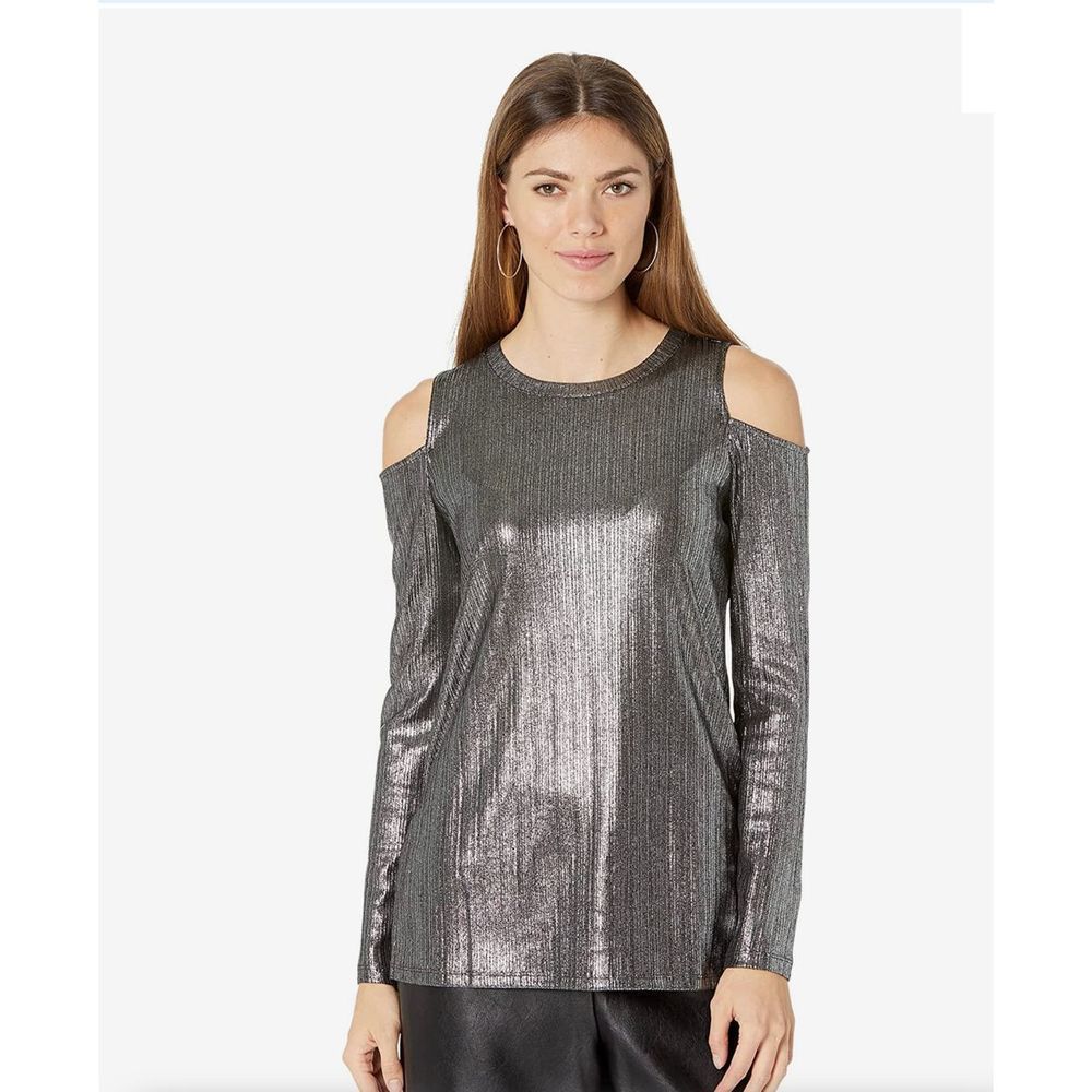 Michael Kors Women Charcoal Foil Long Sleeve Cold-Shoulder Evening Top Sz L NEW